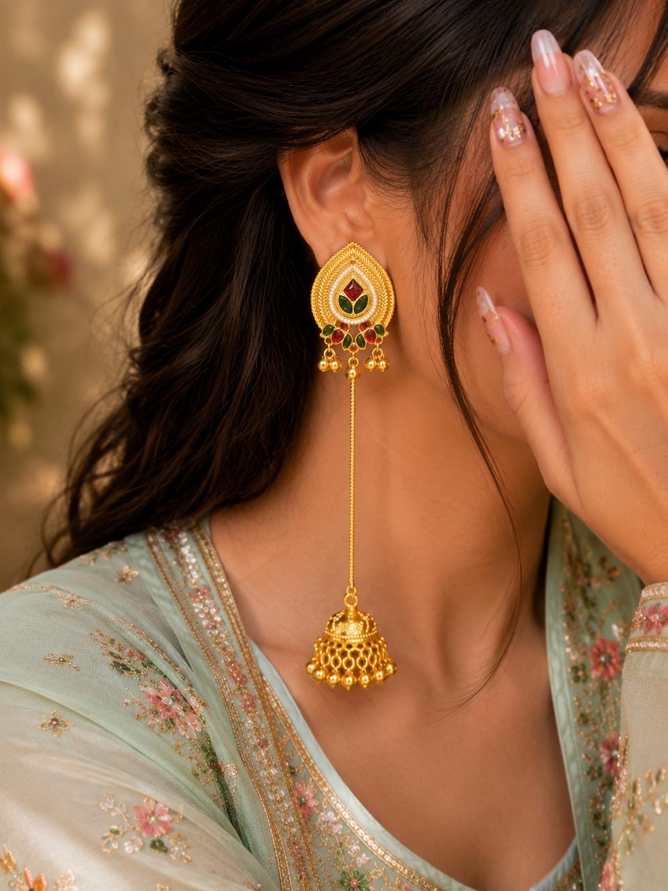 Stile Sovrano Gulnaar-e-Kashmir Long Jhumka Earrings for Women | Heritage Kashmiri Gold Statement Earrings