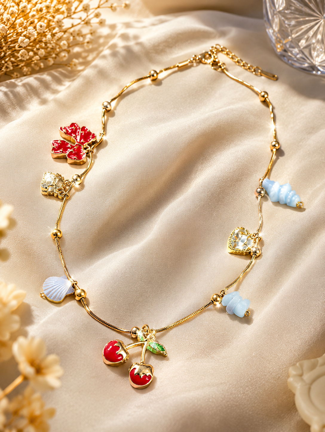 Gold Cherry & Heart Multi-Charm Pendant Necklace – Stile Sovrano