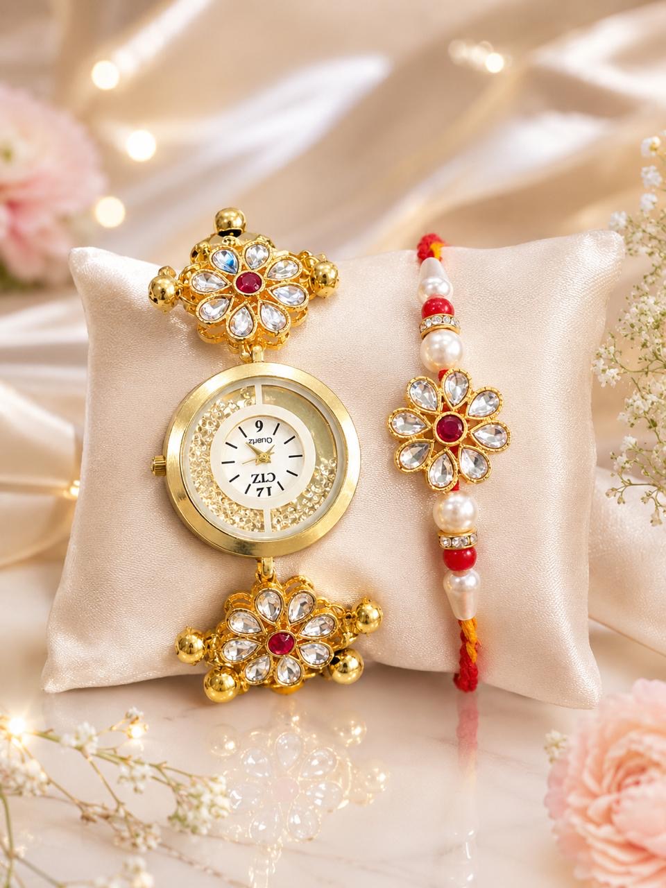 Stile Sovrano Prem Bandhan Bhai Bhabhi Rakhi Watch Combo | Floral Bracelet Watch with Matching Rakhi | Rakhi Utsav Collection