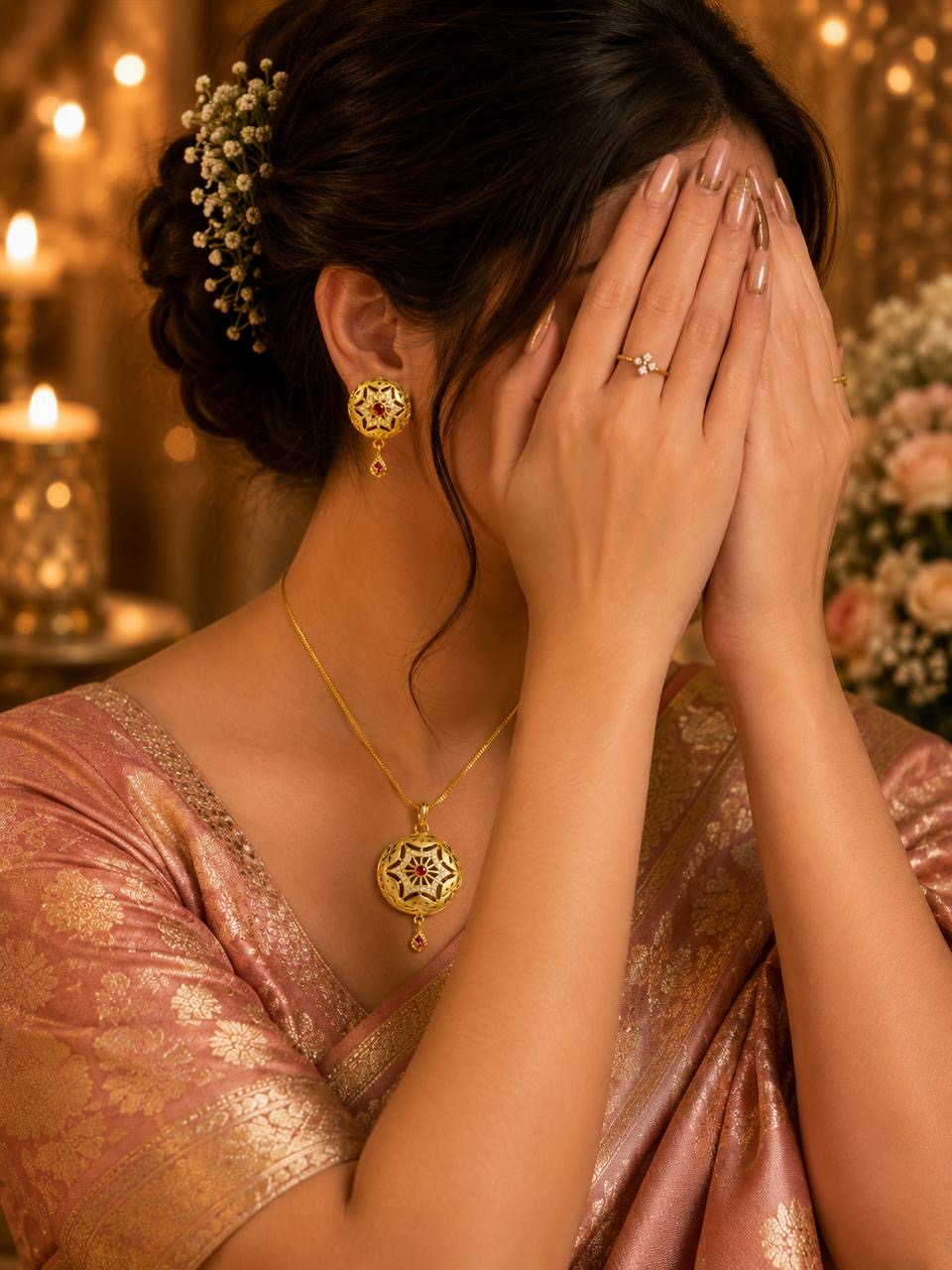 Stile Sovrano Noorika Traditional Gold-Plated Pendant Set for Women | Ruby-Colored Stone & Crystal Studded Ethnic Pendant Necklace with Matching Earrings
