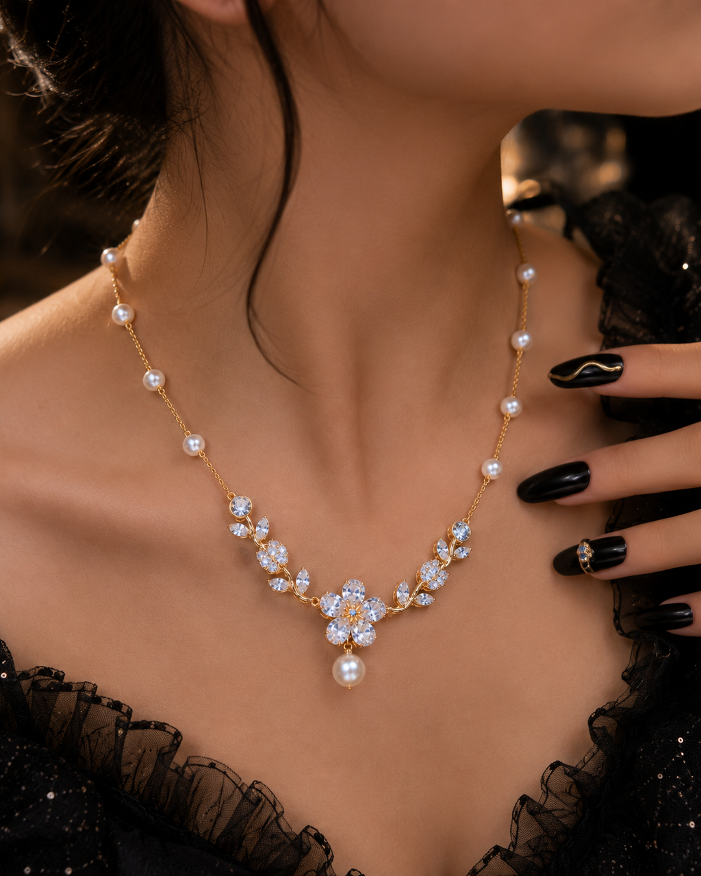 Pearl & Rhinestone Floral Pendant Necklace Gold Chain – Stile Sovrano