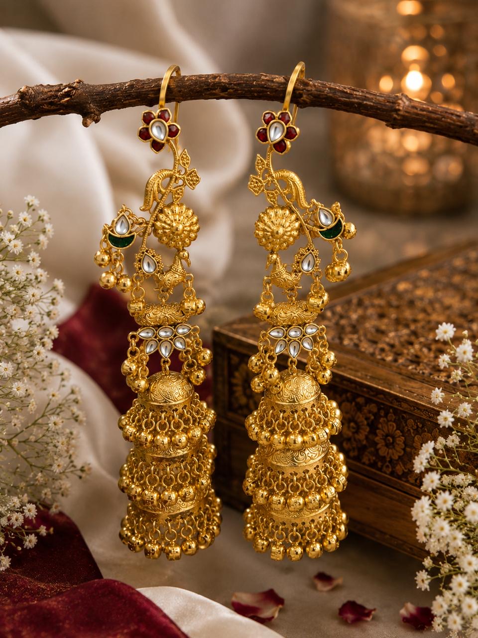 Stile Sovrano Gulnaar-e-Kashmir Handcrafted Long Jhumka Earrings for Women | Antique Gold Ethnic Statement Earrings