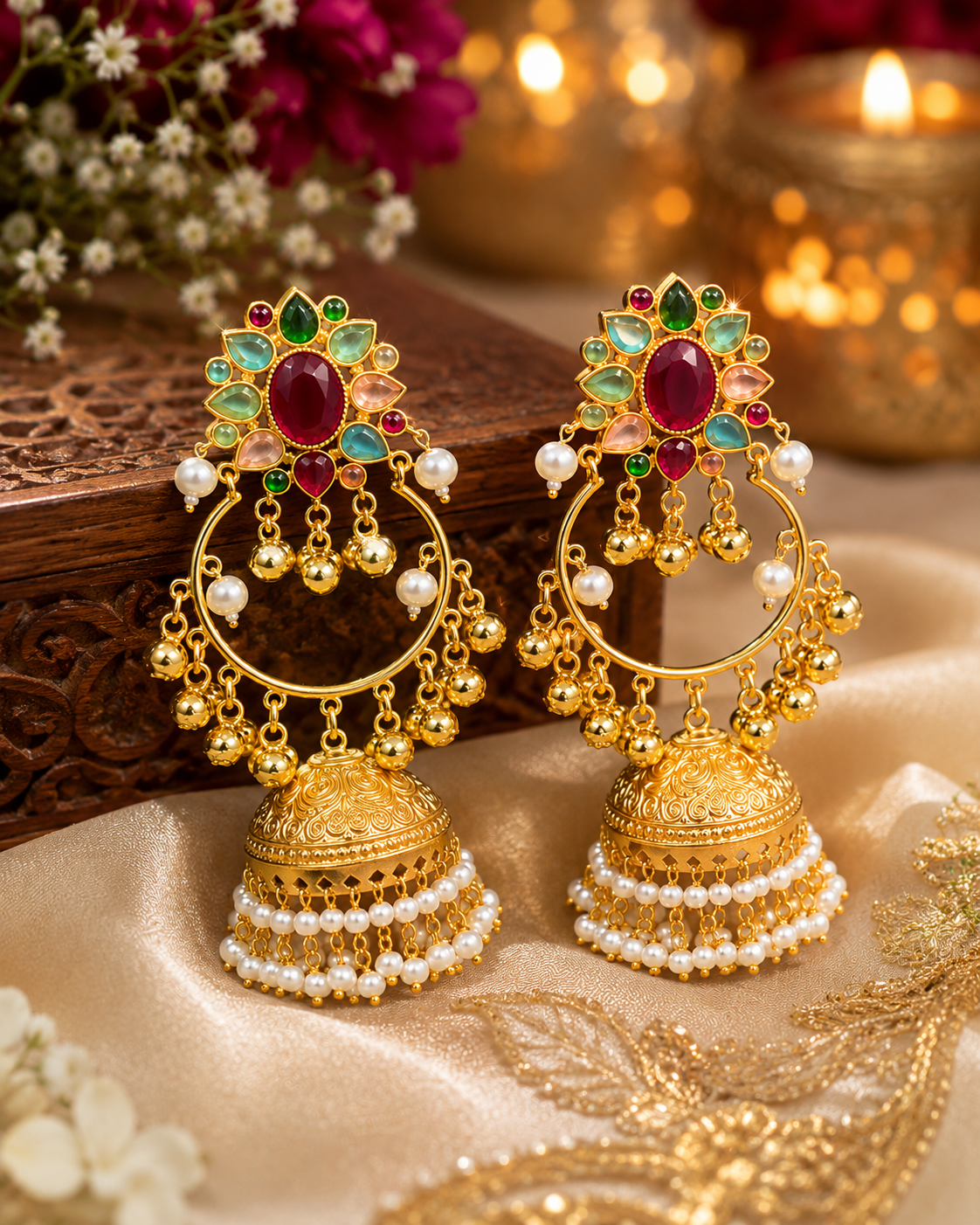 Rajkumari Meherang Viraasat – Pearl Jhumka Hoop Kashmiri Earrings with Multicolor Kundan Stones