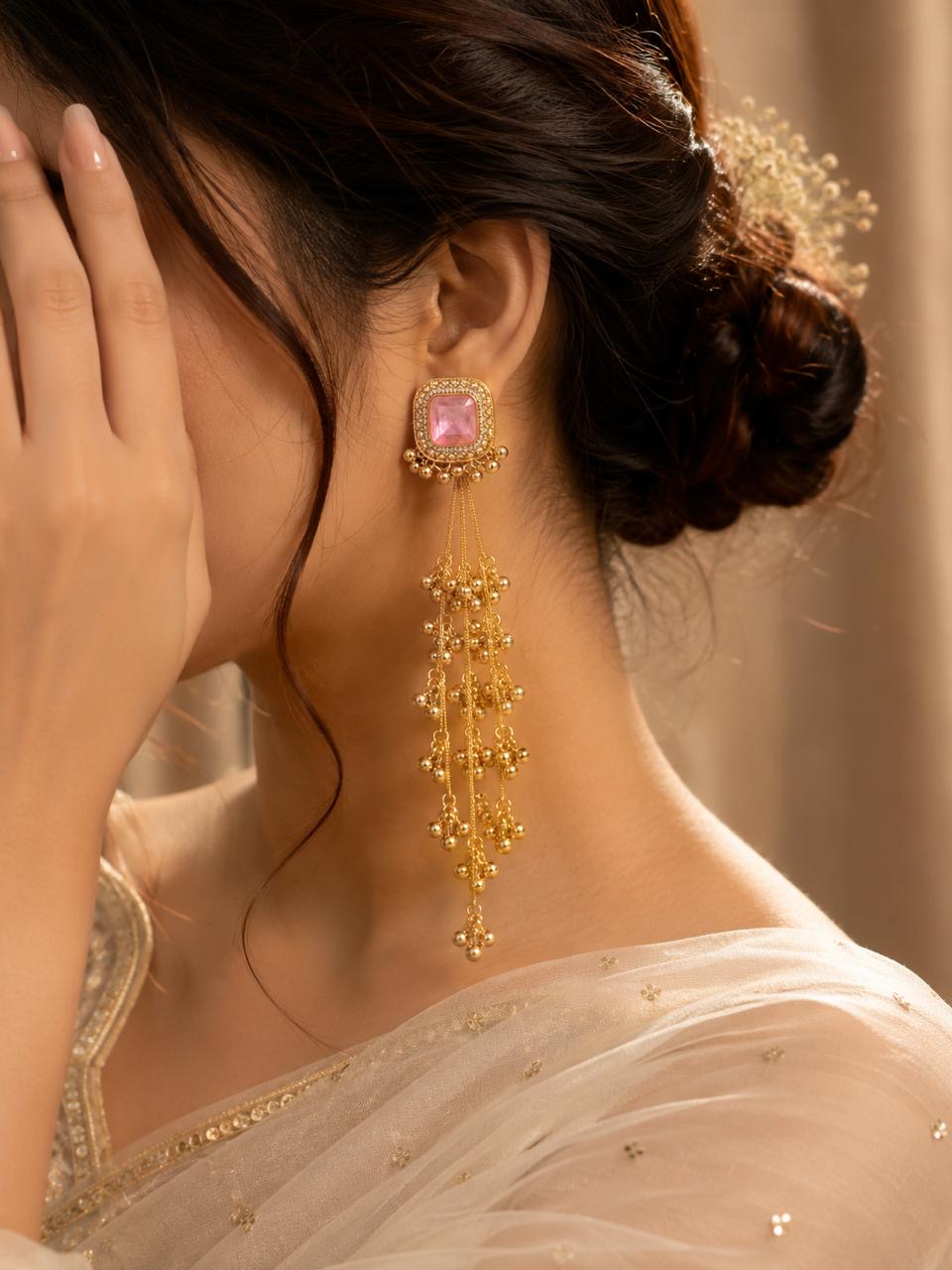 Stile Sovrano Roshanara Heritage Tassel Earrings for Women | Gold Statement Earrings with Ruby Red & Pink Stones