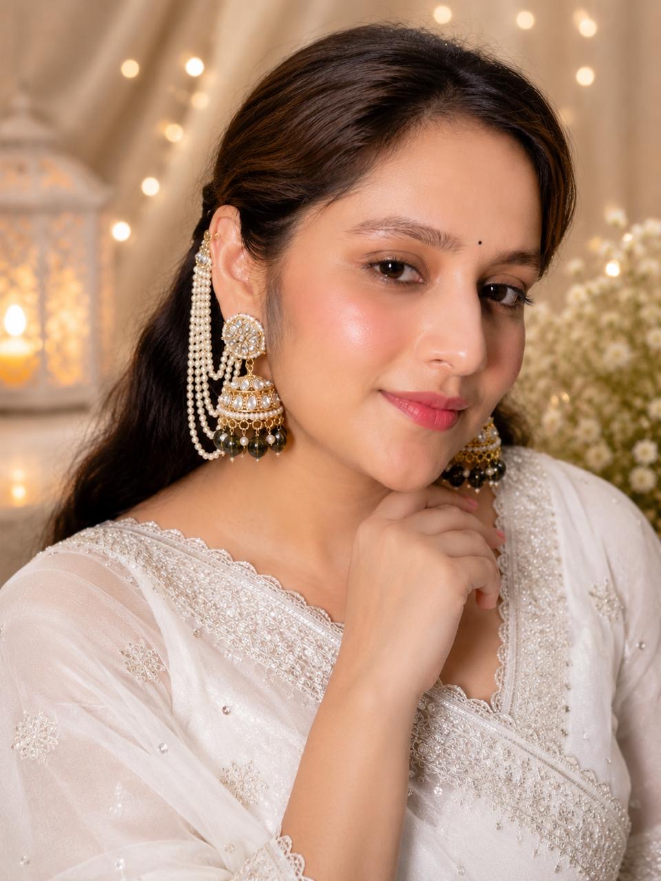 Stile Sovrano Zeenat Pearl Detachable Shoulder Duster Jhumka Earrings for Women | Gold-Plated Kundan-Inspired Bridal Statement Earrings
