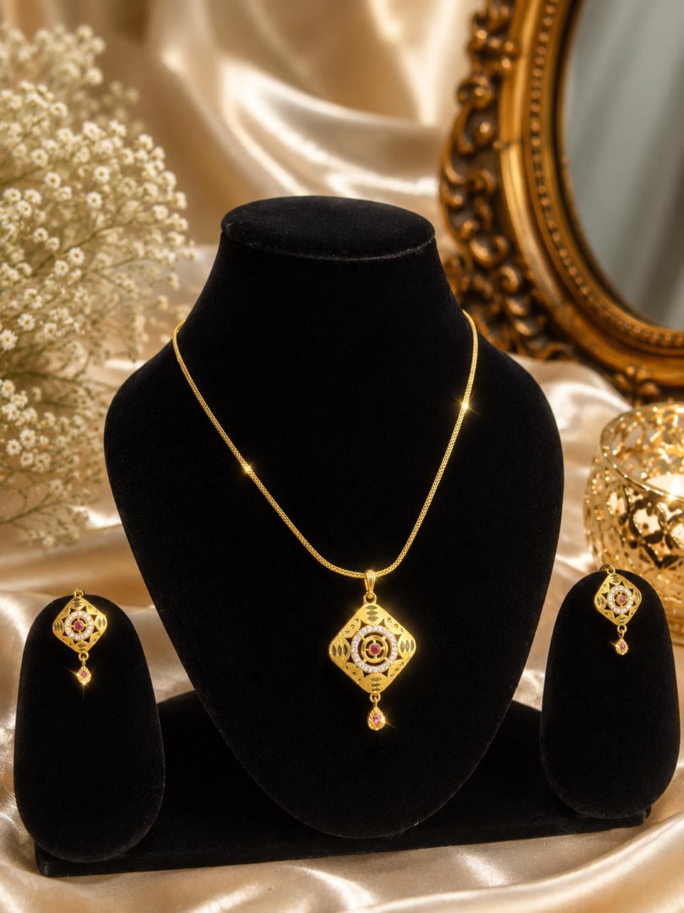 Stile Sovrano Rajnandini Traditional Gold-Plated Pendant Set for Women | Ruby-Colored Stone & Crystal Studded Ethnic Pendant Necklace with Matching Earrings