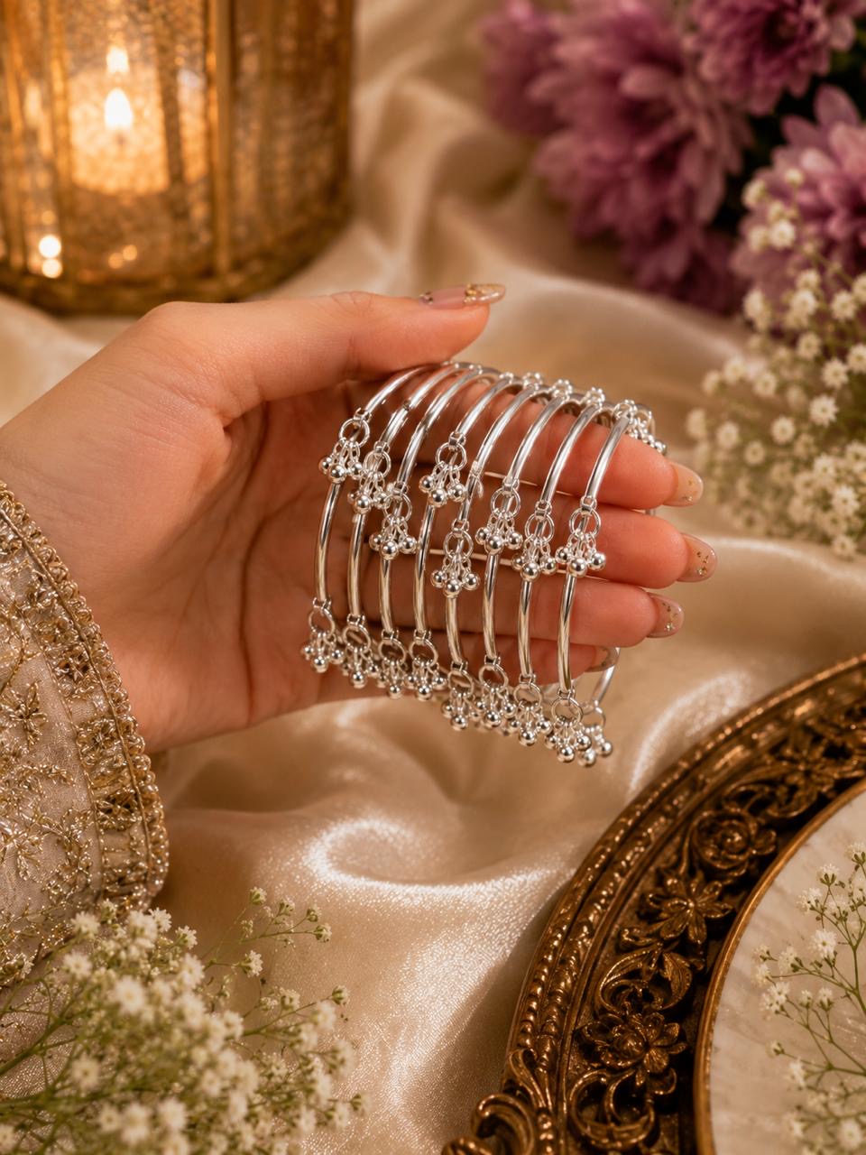 Stile Sovrano Gulshan-e-Kashmir Traditional Silver-Toned Ghungroo Bangles Set for Women | Kashmiri Ethnic Statement Bangles (Set of 8)