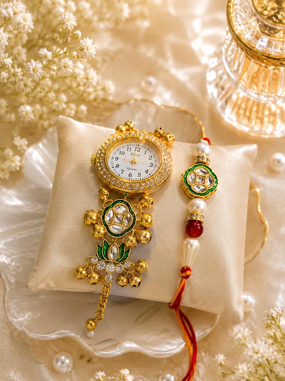 Stile Sovrano Hari Shagun Bhai Bhabhi Rakhi Watch Combo | Green Heritage Bracelet Watch with Matching Rakhi | Rakhi Utsav Collection
