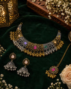 Stile Sovrano Rajsi Noor Kashmiri Oxidised Choker Necklace Set with Maang Tikka & Jhumka Earrings for Women | Antique Gold-Plated Statement Bridal Jewellery