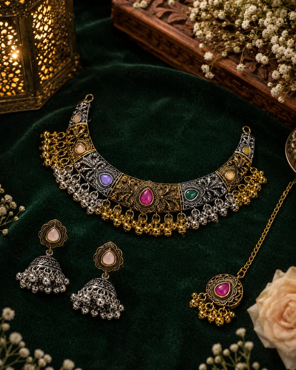 Stile Sovrano Rajsi Noor Kashmiri Oxidised Choker Necklace Set with Maang Tikka & Jhumka Earrings for Women | Antique Gold-Plated Statement Bridal Jewellery