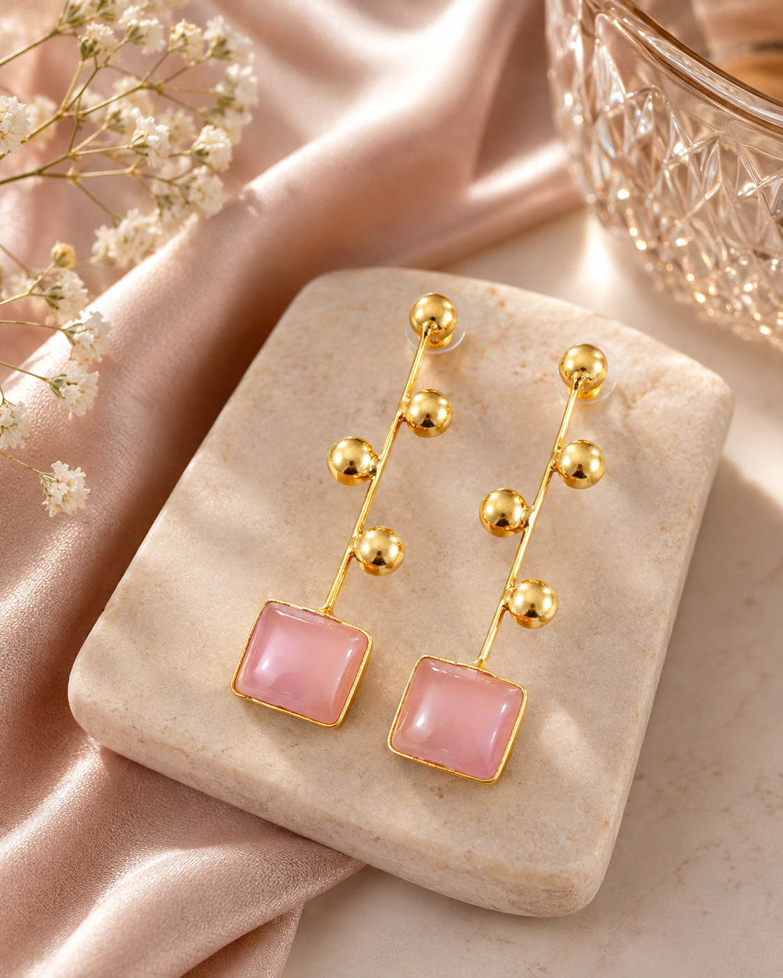 Blush Pink Rectangular Stone Drop Earrings – Stile Sovrano