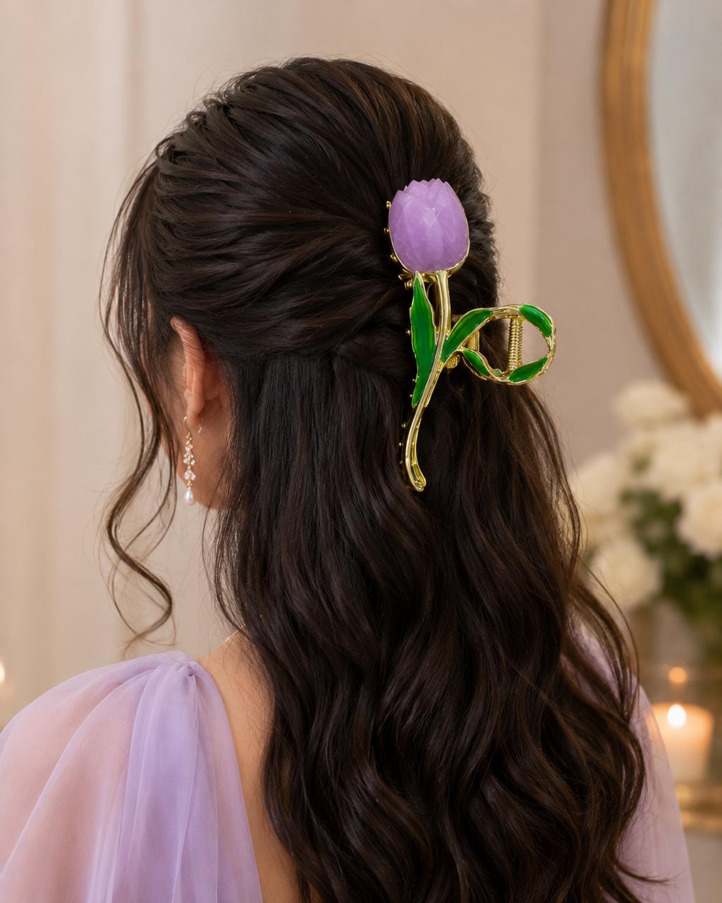 Stile Sovrano Tulipa Royale Tulip Hair Clutcher for Women | Luxury Gold-Tone Floral Claw Clip | Premium Designer Hair Accessory