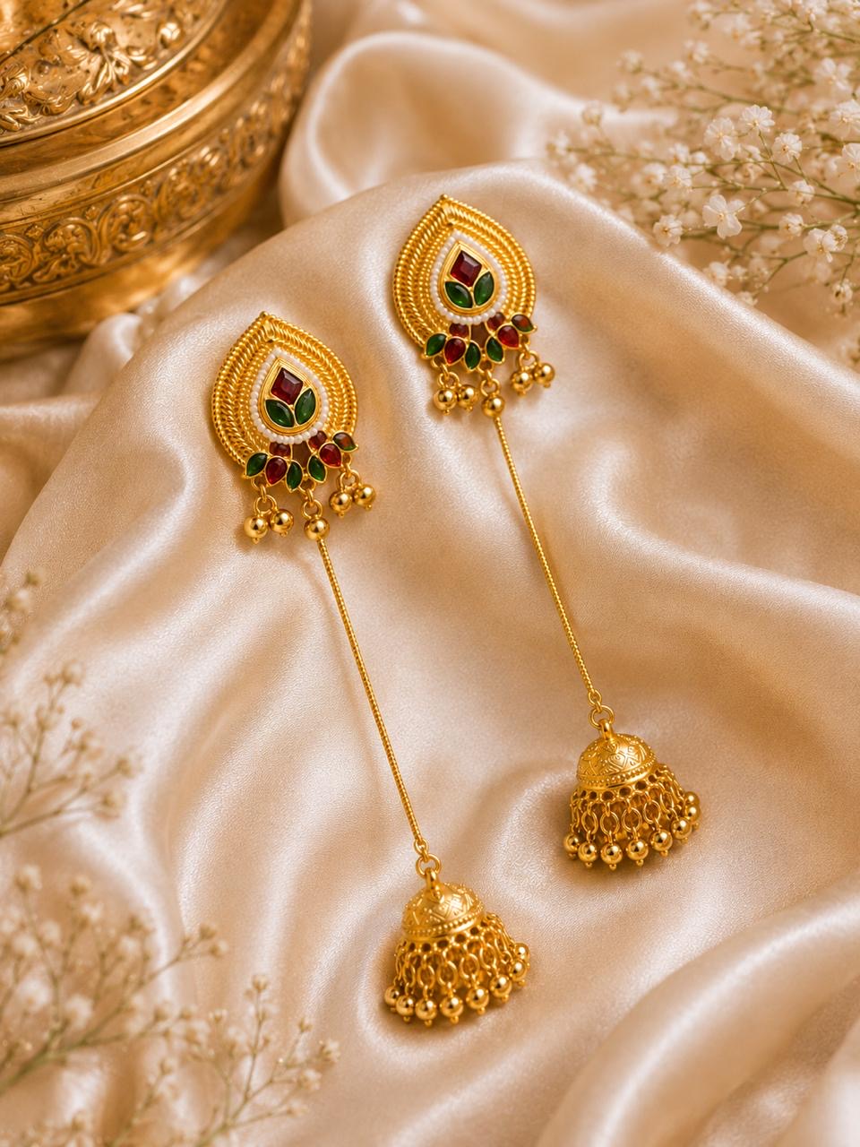 Stile Sovrano Gulnaar-e-Kashmir Long Jhumka Earrings for Women | Heritage Kashmiri Gold Statement Earrings