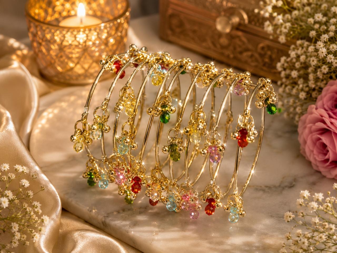 Stile Sovrano Rangrez Kashmiri Crystal Beaded Bangles Set for Women | Traditional Ethnic Bangles (Set of 8)