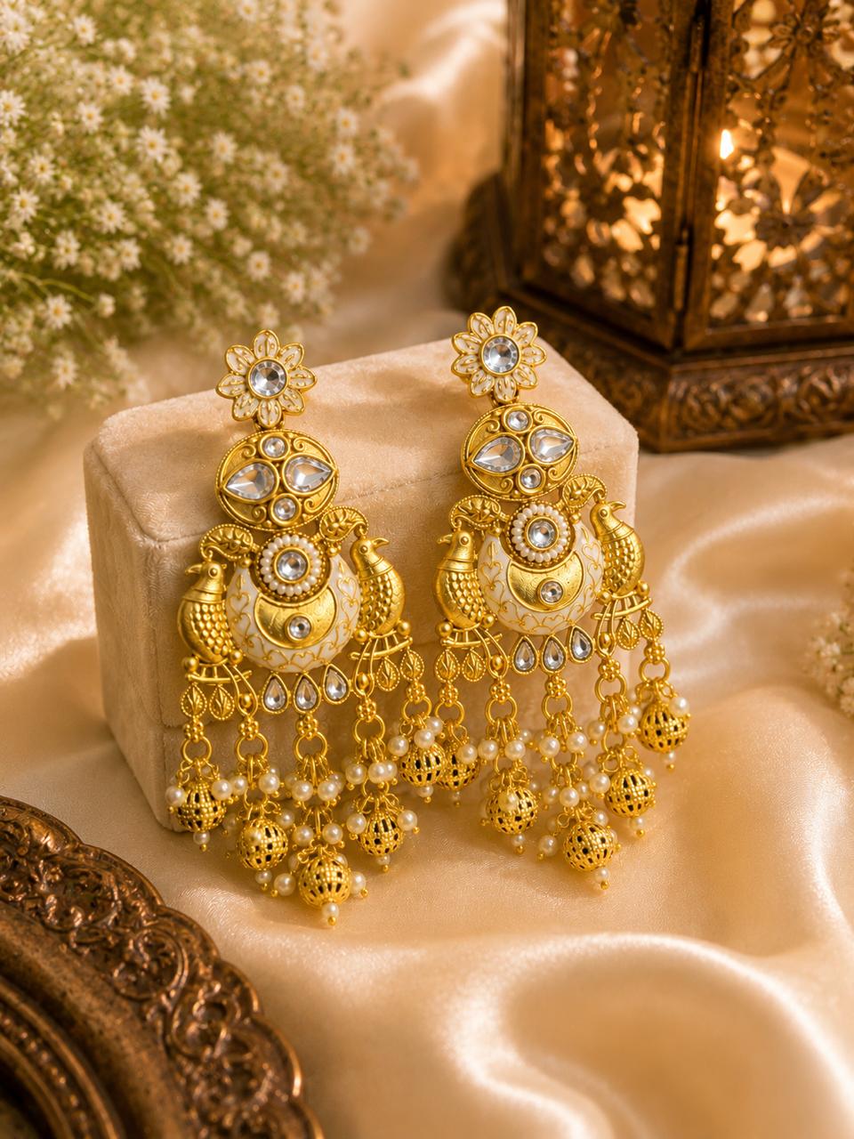 Stile Sovrano Mayurika Rajawadi Peacock Kundan Pearl Chandbali Earrings for Women | Gold-Plated Traditional Statement Earrings