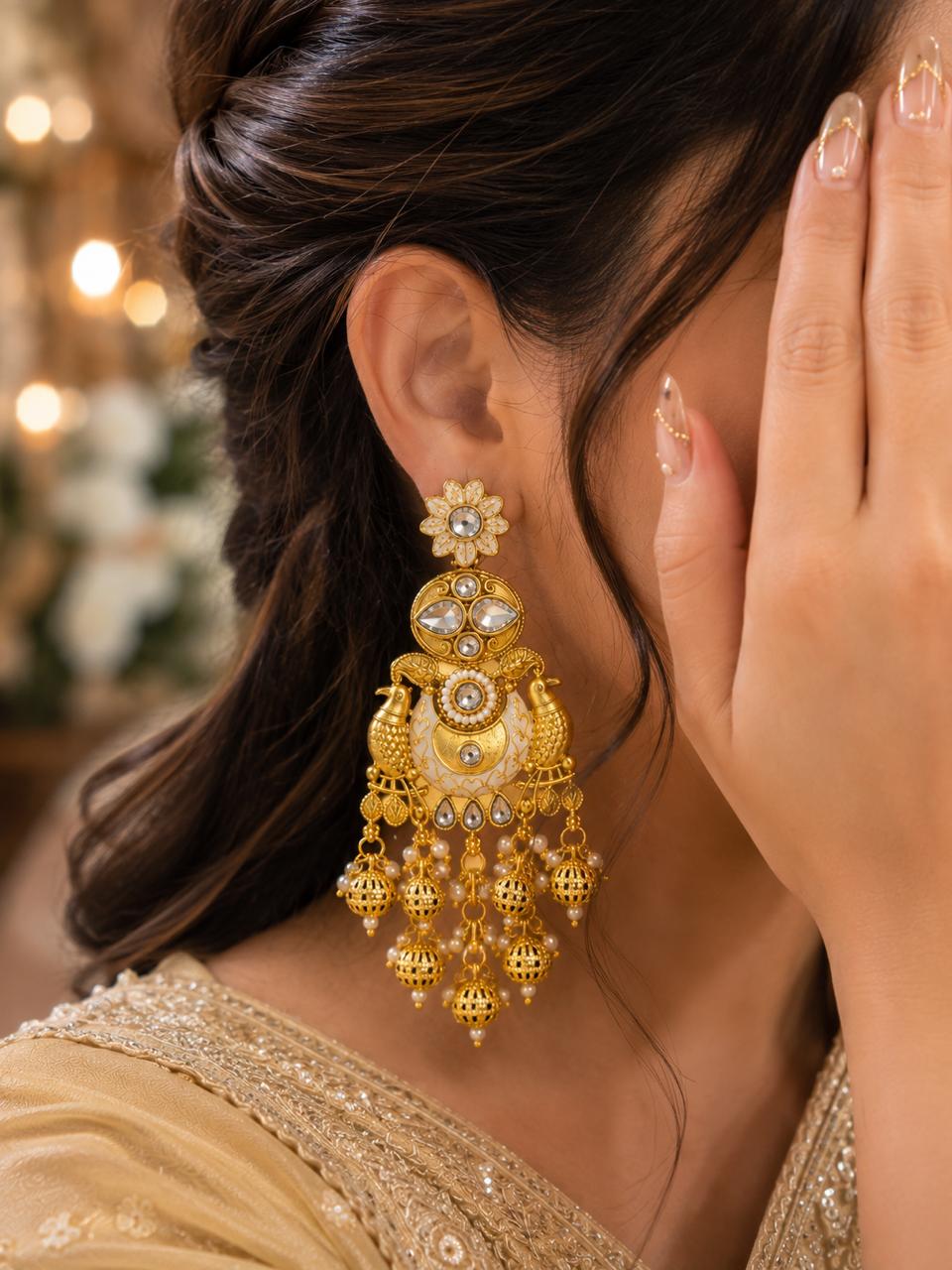 Stile Sovrano Mayurika Rajawadi Peacock Kundan Pearl Chandbali Earrings for Women | Gold-Plated Traditional Statement Earrings