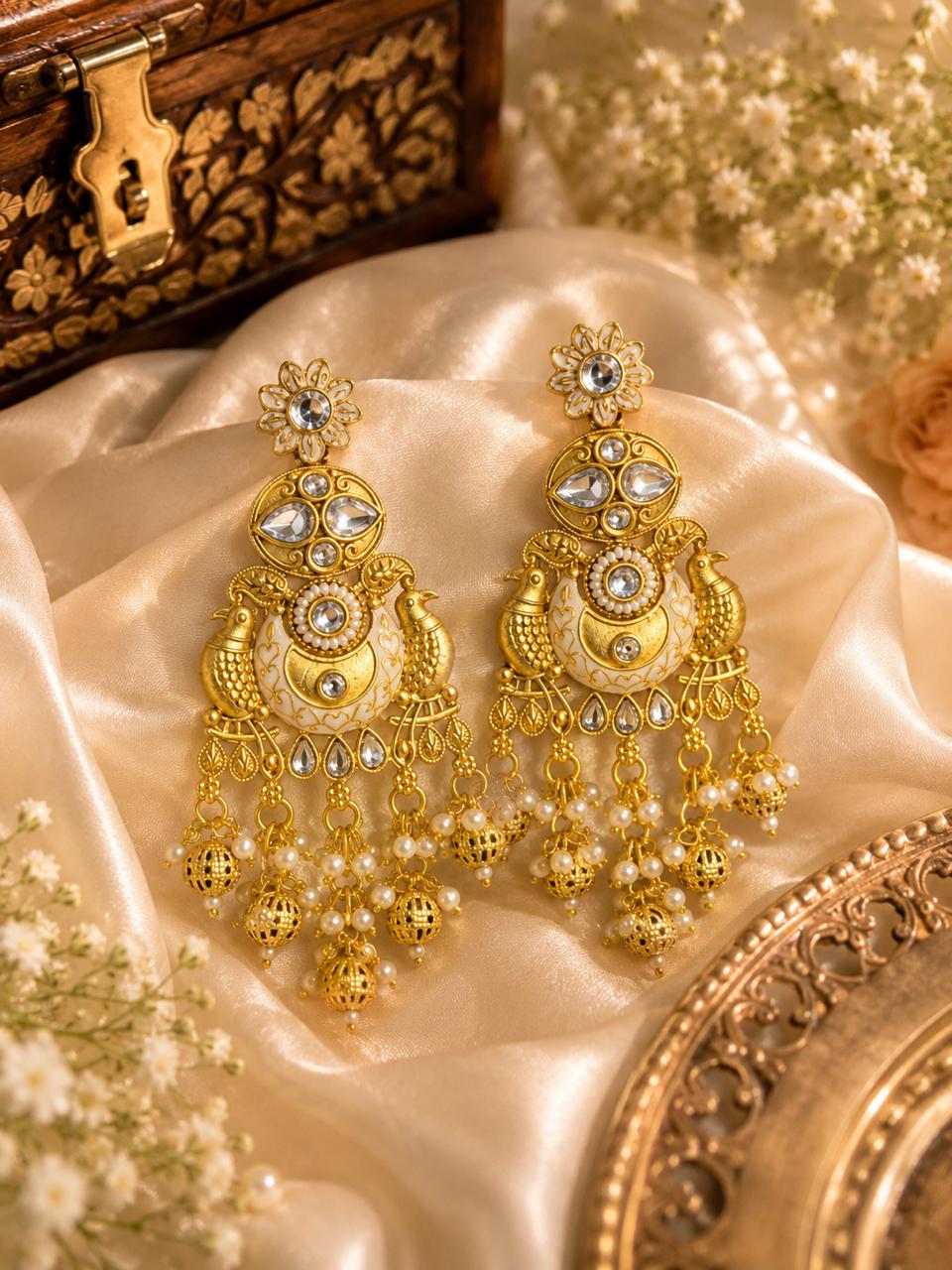 Stile Sovrano Mayurika Rajawadi Peacock Kundan Pearl Chandbali Earrings for Women | Gold-Plated Traditional Statement Earrings