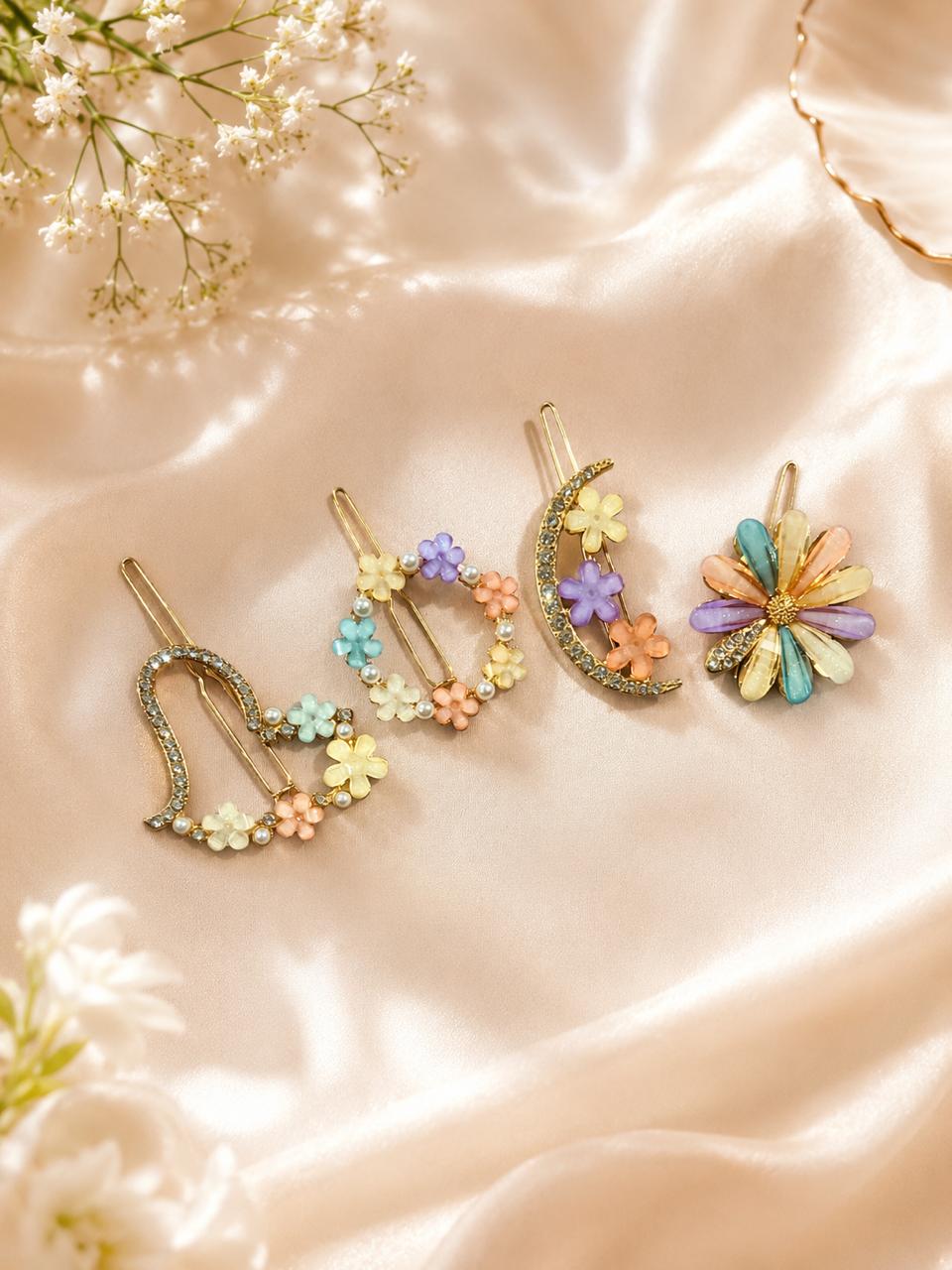 Pushpika Royale Floral Hair Clip Set for Women | Luxury Crystal & Pastel Flower Designer Hair Pins | Premium Fashion Hair Accessories
