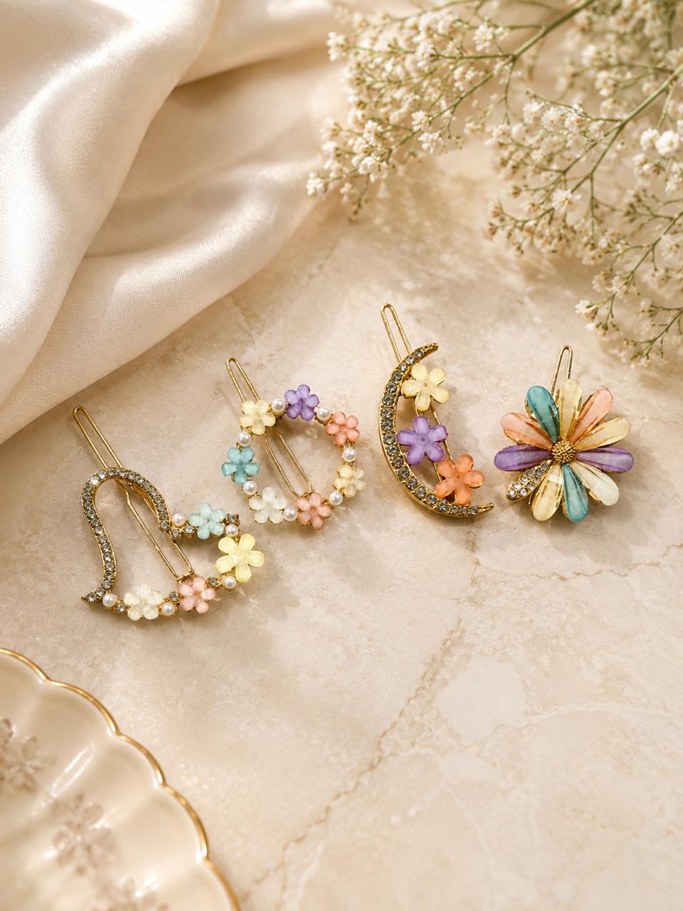 Pushpika Royale Floral Hair Clip Set for Women | Luxury Crystal & Pastel Flower Designer Hair Pins | Premium Fashion Hair Accessories