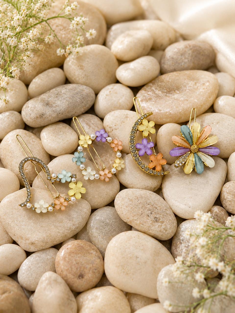 Pushpika Royale Floral Hair Clip Set for Women | Luxury Crystal & Pastel Flower Designer Hair Pins | Premium Fashion Hair Accessories
