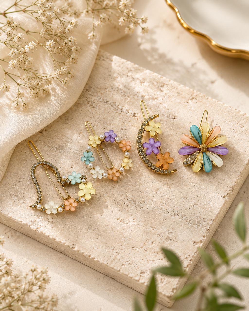Pushpika Royale Floral Hair Clip Set for Women | Luxury Crystal & Pastel Flower Designer Hair Pins | Premium Fashion Hair Accessories
