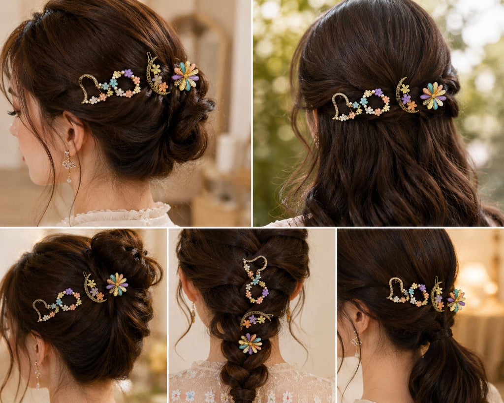 Pushpika Royale Floral Hair Clip Set for Women | Luxury Crystal & Pastel Flower Designer Hair Pins | Premium Fashion Hair Accessories
