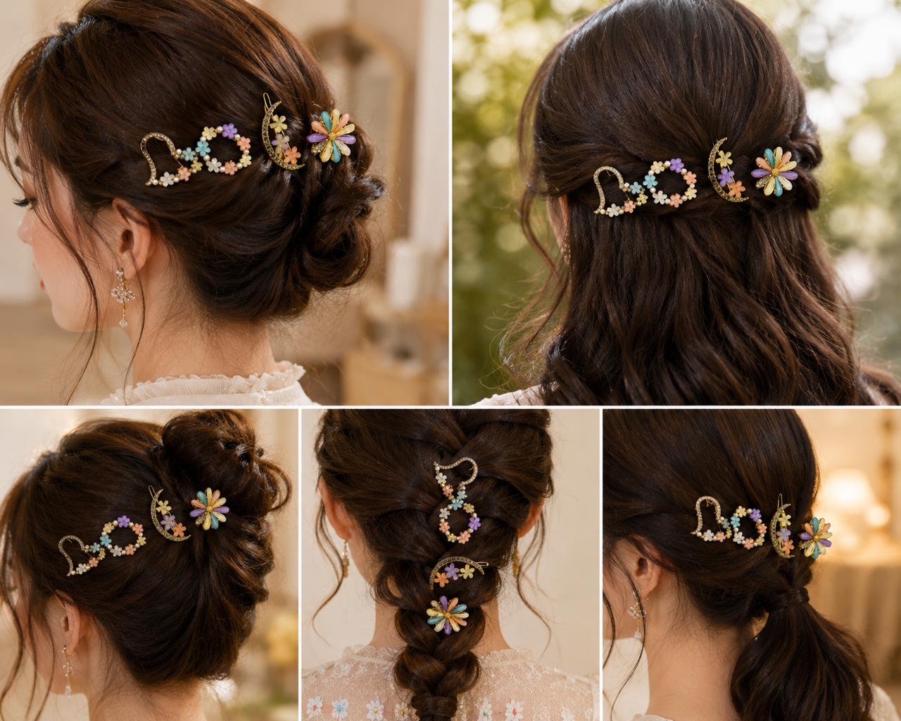Pushpika Royale Floral Hair Clip Set for Women | Luxury Crystal & Pastel Flower Designer Hair Pins | Premium Fashion Hair Accessories