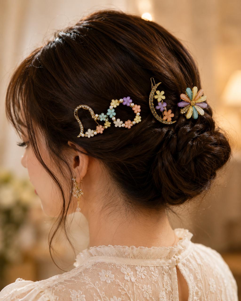 Pushpika Royale Floral Hair Clip Set for Women | Luxury Crystal & Pastel Flower Designer Hair Pins | Premium Fashion Hair Accessories