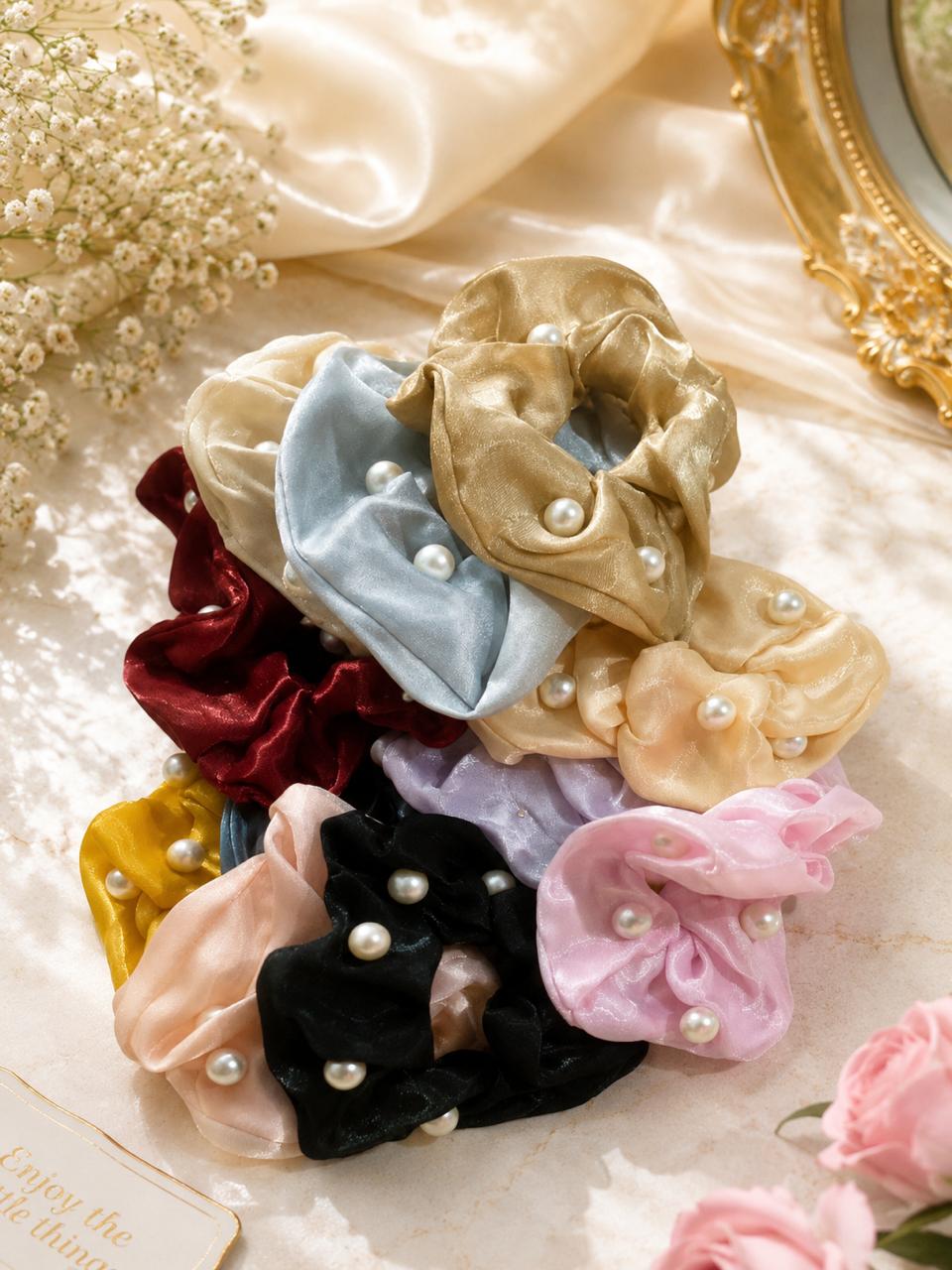 Stile Sovrano Pearl Éclat Satin Scrunchie for Women | Premium Silk-Look Hair Scrunchie with Pearl Accents | Luxury Hair Tie | Assorted colors