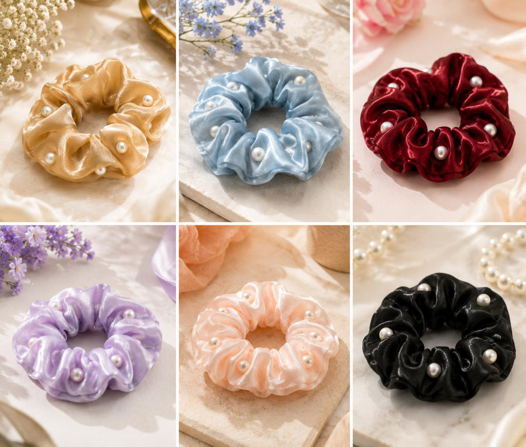 Stile Sovrano Pearl Éclat Satin Scrunchie for Women | Premium Silk-Look Hair Scrunchie with Pearl Accents | Luxury Hair Tie | Assorted colors