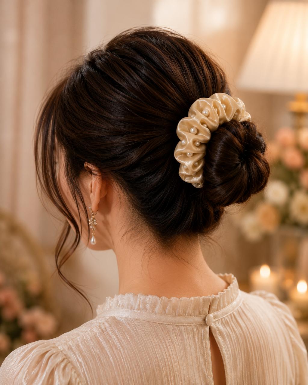 Stile Sovrano Pearl Éclat Satin Scrunchie for Women | Premium Silk-Look Hair Scrunchie with Pearl Accents | Luxury Hair Tie | Assorted colors