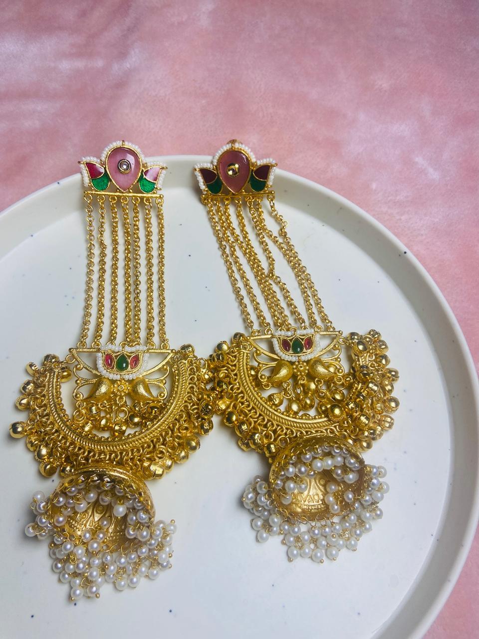 Jashn-e-Kashmir Royal Long Chain Meenakari Kashmiri Jhumka Earrings