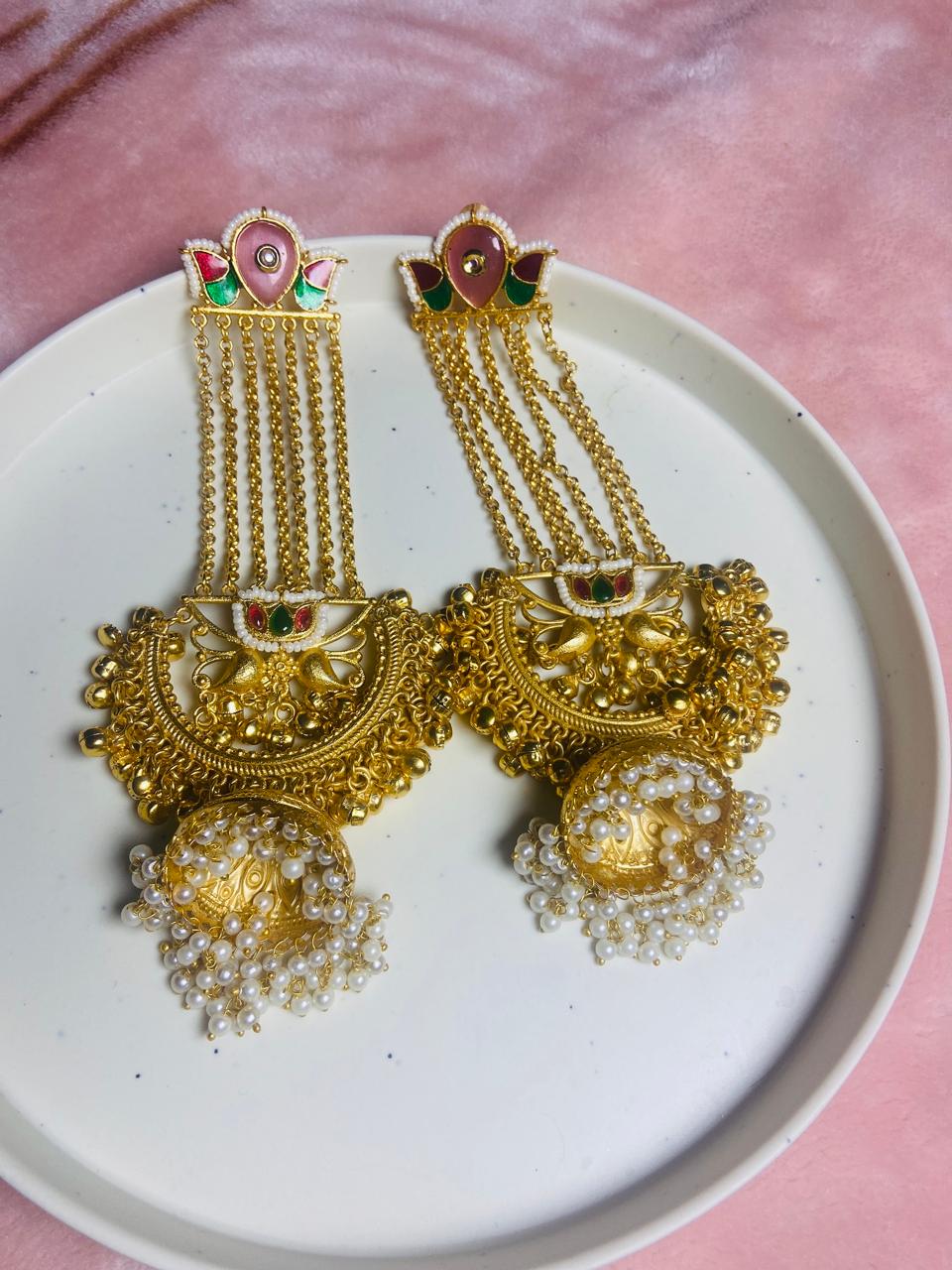 Jashn-e-Kashmir Royal Long Chain Meenakari Kashmiri Jhumka Earrings