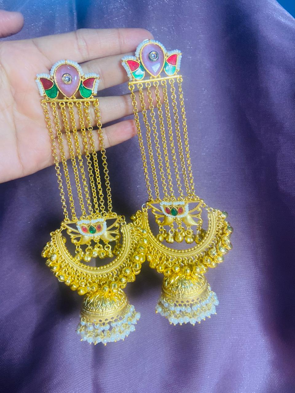 Jashn-e-Kashmir Royal Long Chain Meenakari Kashmiri Jhumka Earrings