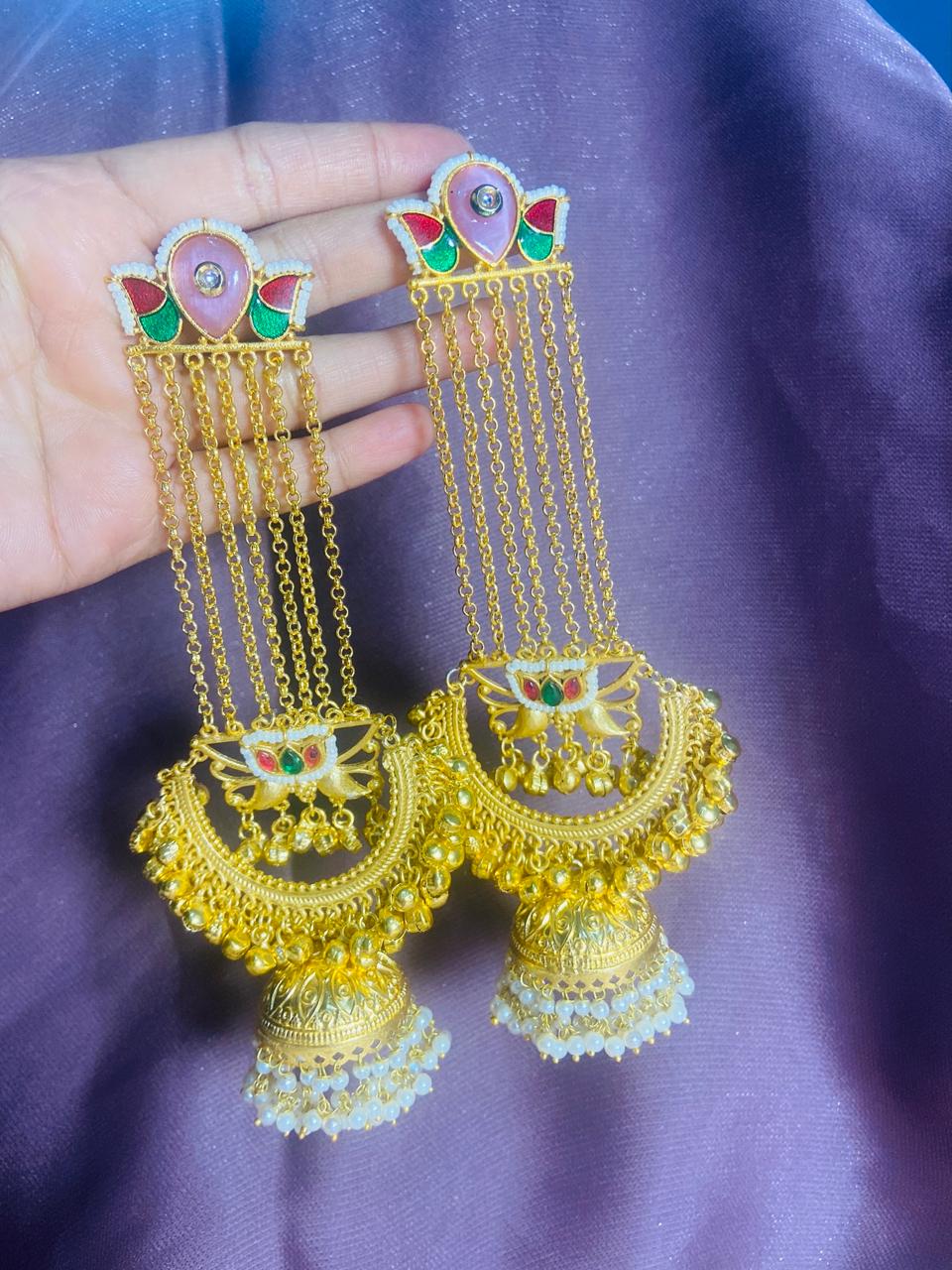 Jashn-e-Kashmir Royal Long Chain Meenakari Kashmiri Jhumka Earrings