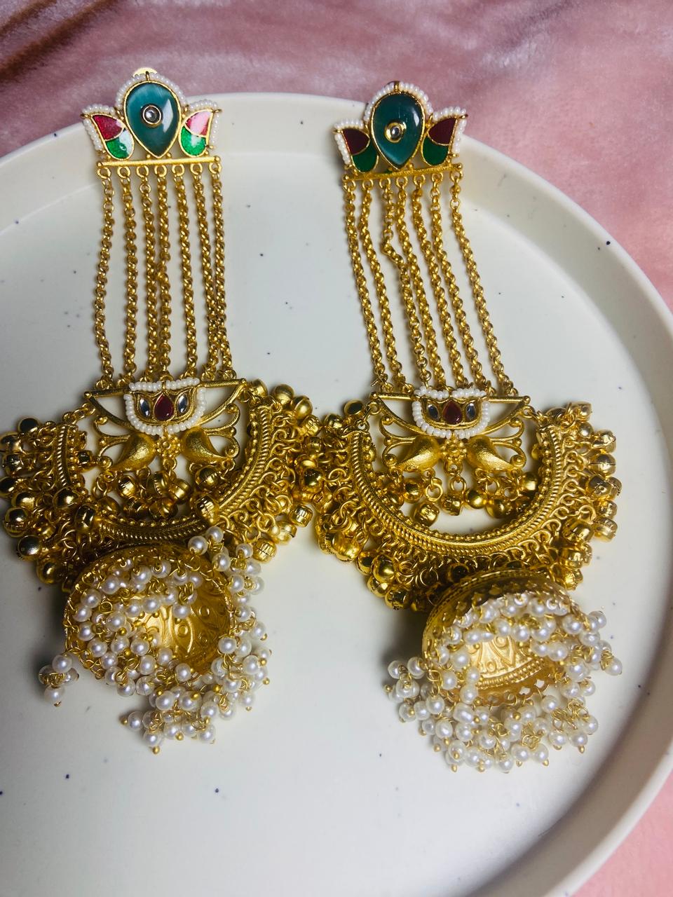 Jashn-e-Kashmir Royal Long Chain Meenakari Kashmiri Jhumka Earrings