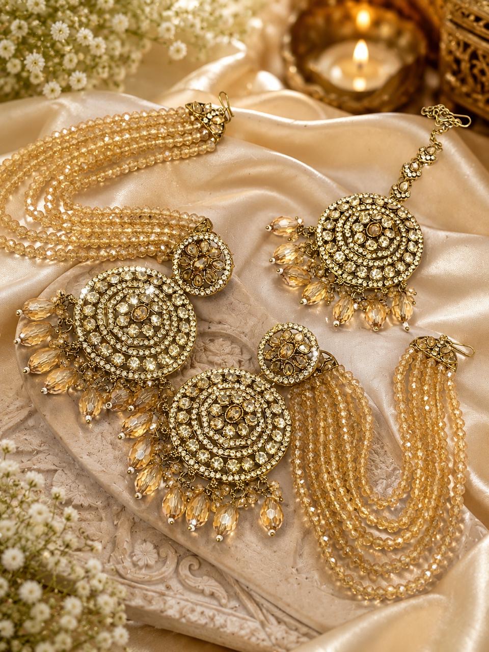 Stile Sovrano Noor-e-Zar Detachable Shoulder Duster Earrings with Maang Tikka for Women | Gold-Plated Crystal Bridal Statement Jewellery Set