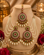 Stile Sovrano Shahi Noor Pearl Shoulder Duster Earrings with Maang Tikka for Women | Gold-Plated Kundan-Inspired Bridal Statement Jewellery Set
