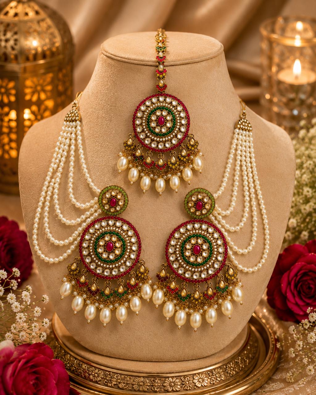 Stile Sovrano Shahi Noor Pearl Shoulder Duster Earrings with Maang Tikka for Women | Gold-Plated Kundan-Inspired Bridal Statement Jewellery Set