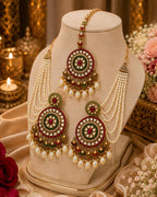 Stile Sovrano Shahi Noor Pearl Shoulder Duster Earrings with Maang Tikka for Women | Gold-Plated Kundan-Inspired Bridal Statement Jewellery Set