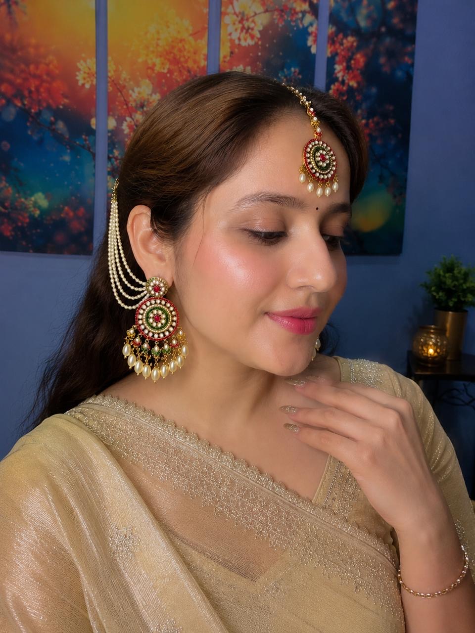 Stile Sovrano Shahi Noor Pearl Shoulder Duster Earrings with Maang Tikka for Women | Gold-Plated Kundan-Inspired Bridal Statement Jewellery Set