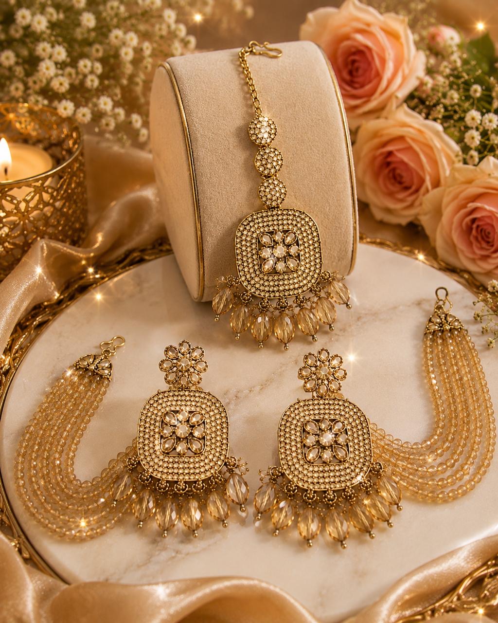 Stile Sovrano Noor Mahal Gold-Plated Detachable Shoulder Duster Earrings with Crystal Beaded Chains & Maang Tikka for Women | 2-in-1 Bridal Statement Jewellery Set