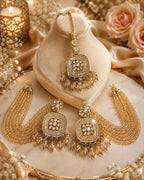 Stile Sovrano Noor Mahal Gold-Plated Detachable Shoulder Duster Earrings with Crystal Beaded Chains & Maang Tikka for Women | 2-in-1 Bridal Statement Jewellery Set