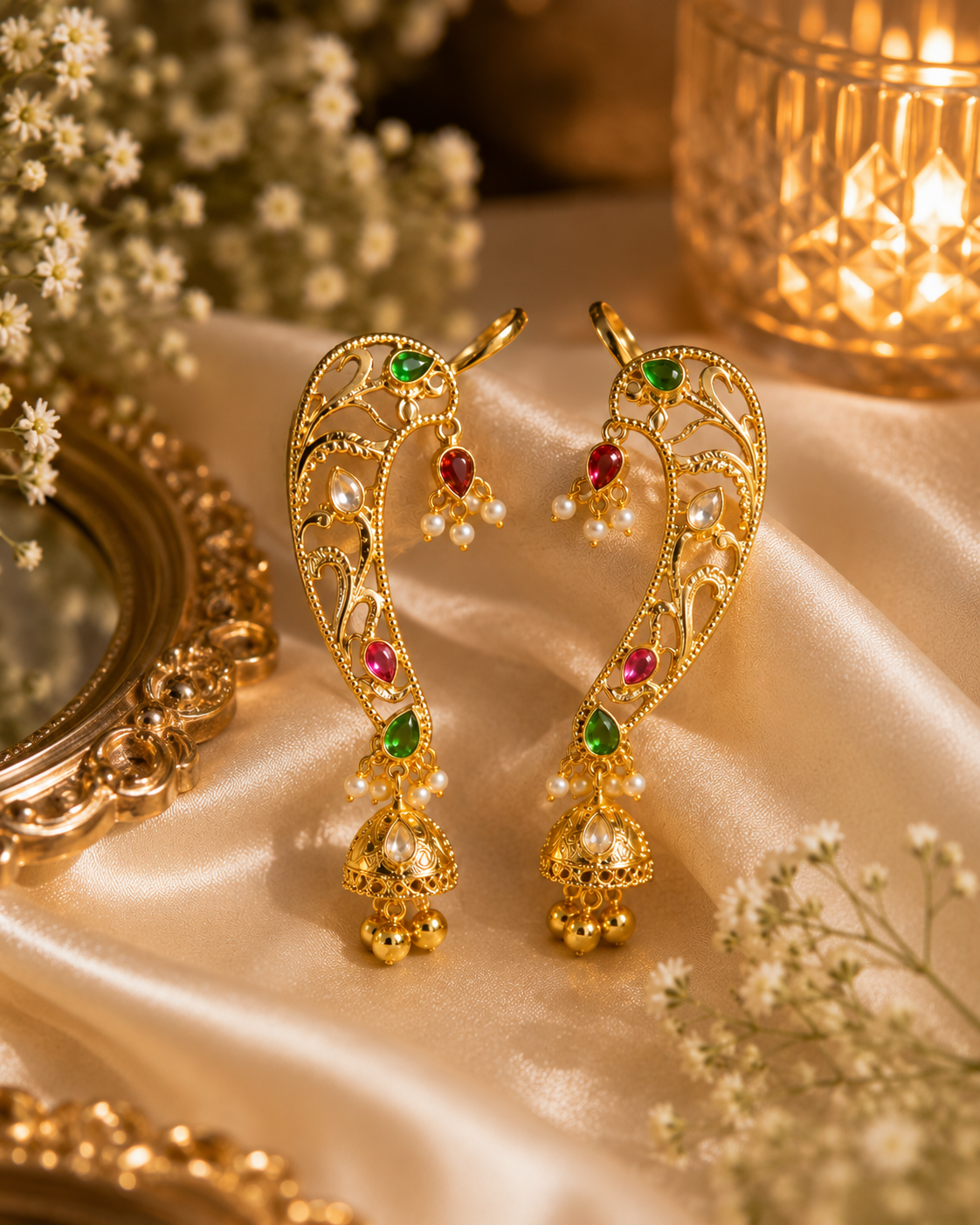 A pair of ornate gold-toned Indian earcuff earrings decorated with green and red stones and white faux pearls
