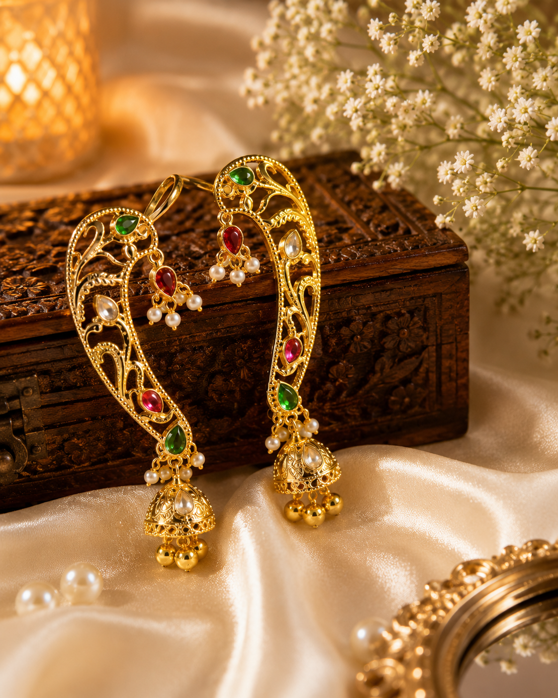 A pair of ornate gold-toned traditional Indian earcuff earrings with red and green stones and white pearl-like accents