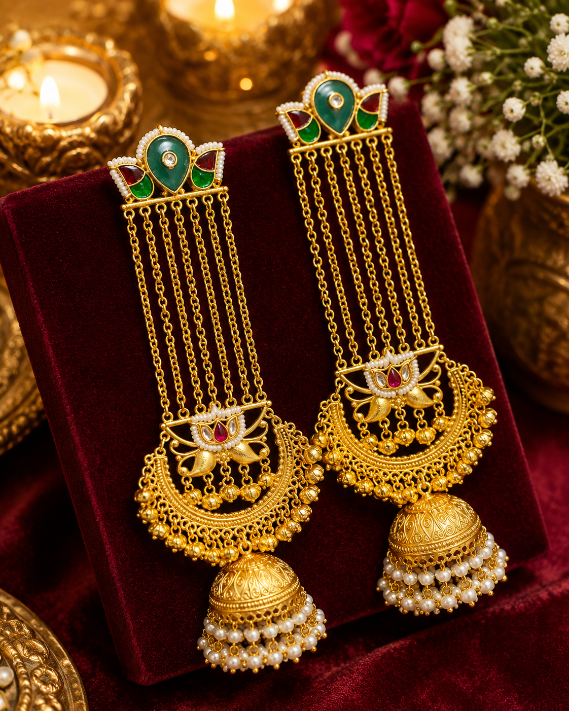 A pair of ornate gold-toned Indian jhumka earrings with green and red enamel details.