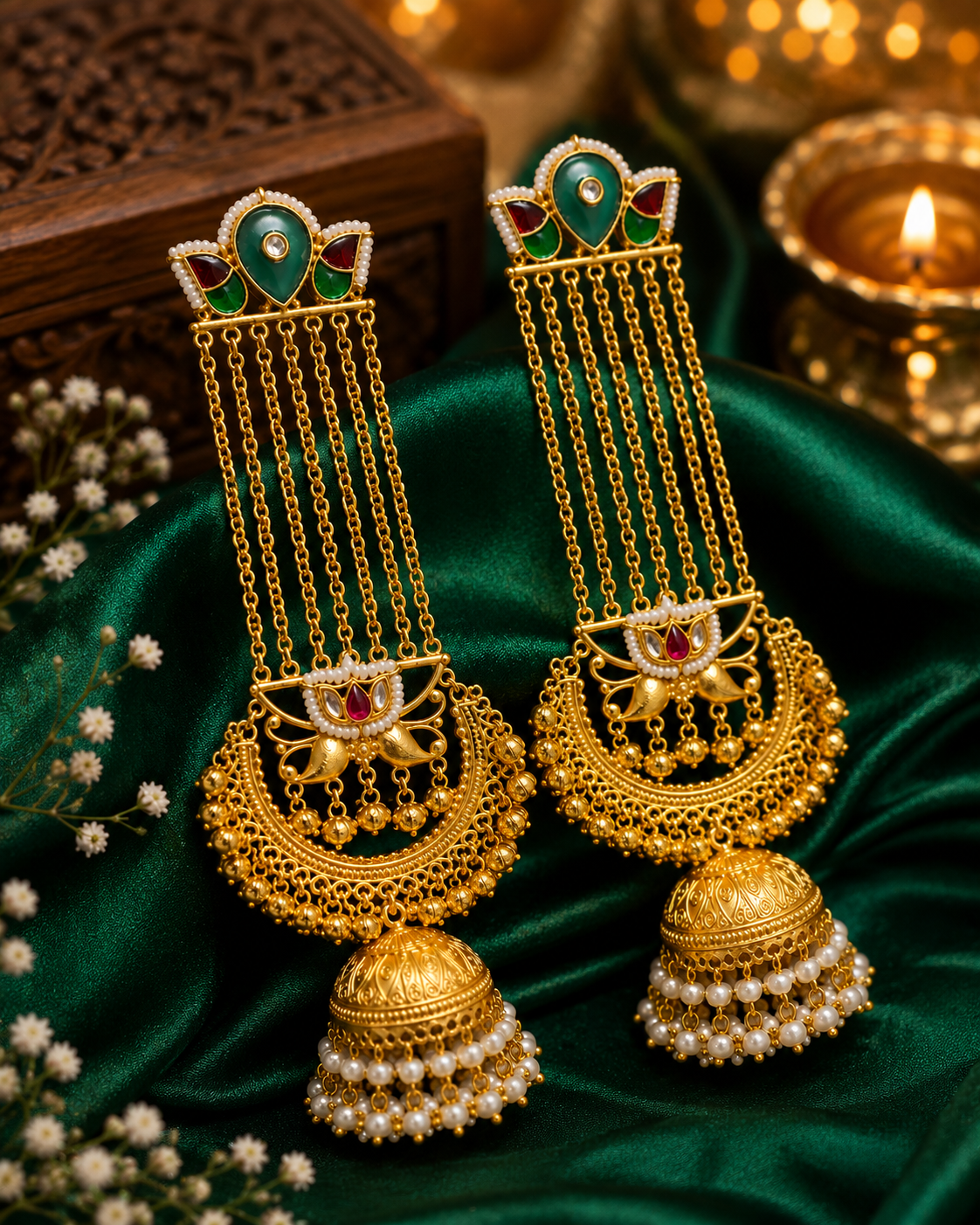 A pair of ornate gold-toned Indian jhumka earrings with green and red enamel details, white stone accents, and dangling chains.