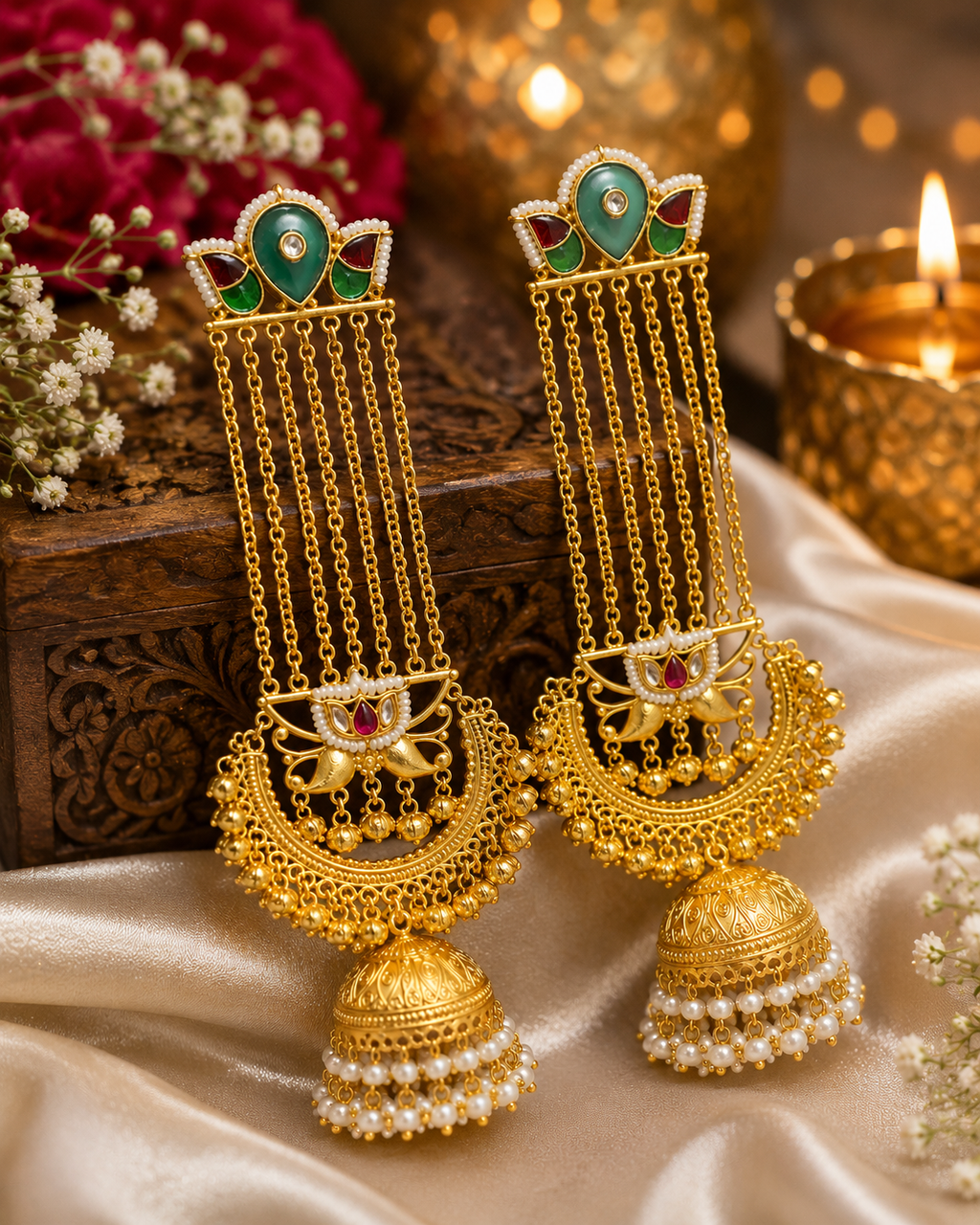 A pair of ornate gold-toned Indian jhumka earrings with green enamel, red stone accents, and white faux pearl bead drops.