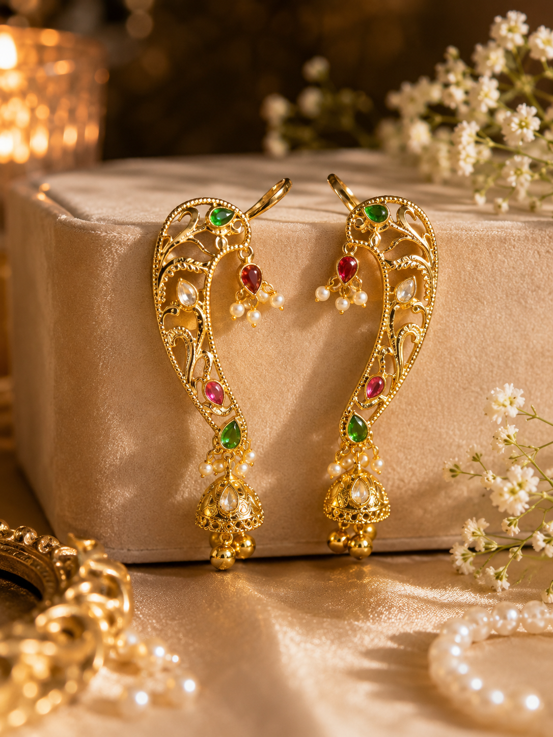 A pair of ornate gold-toned traditional earcuff earrings with green, red, and white gemstone accents