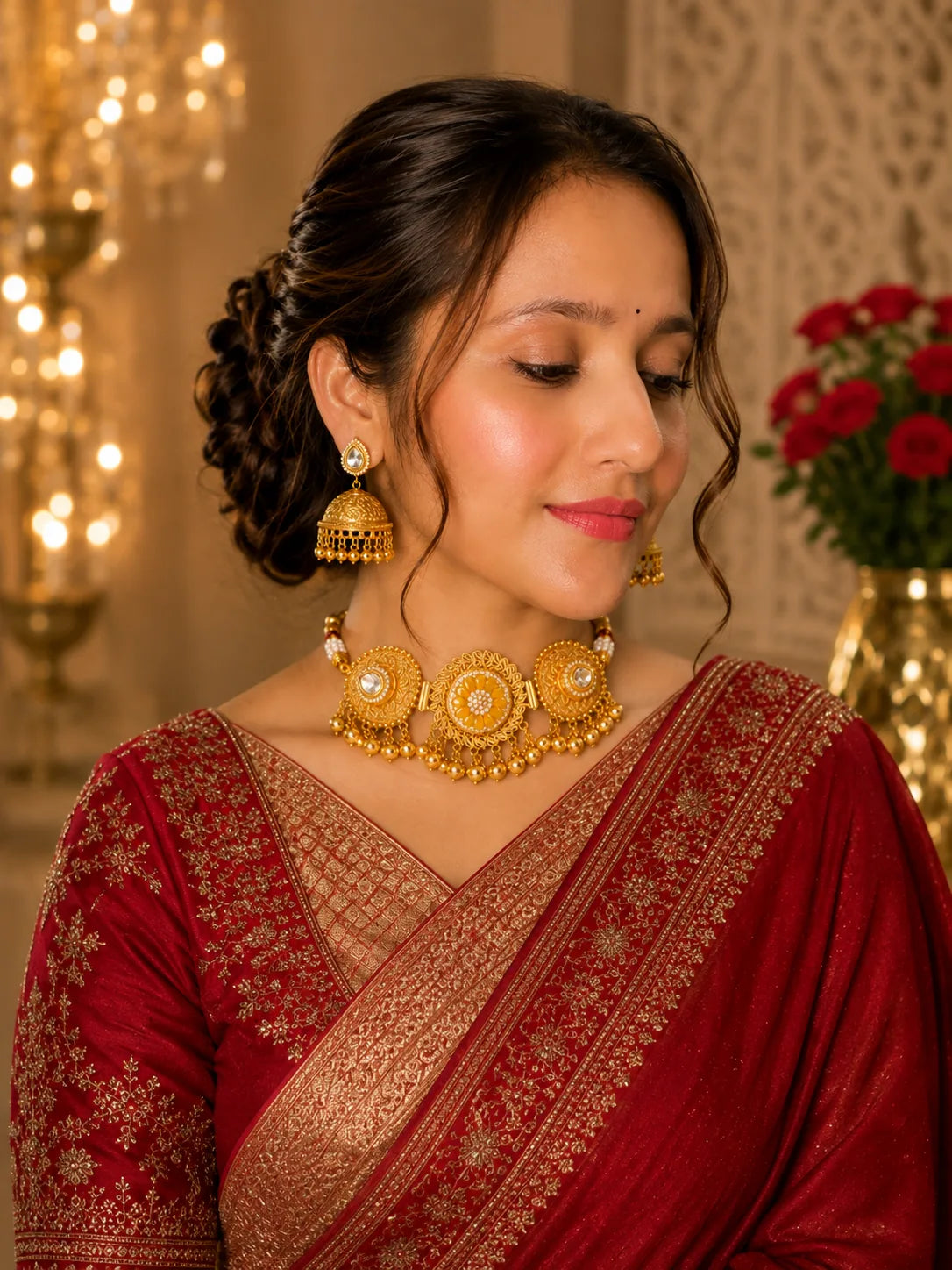 Stile Sovrano gold plated jhumka earrings and necklace styled with a red saree